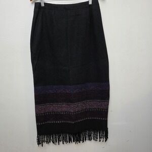 CC Hughes Women's Size 10 Black Wool Blend Fringe Hem‎ Ethnic Print Midi Skirt
